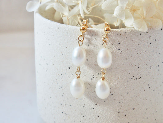 14K Double Freshwater Pearl Earrings