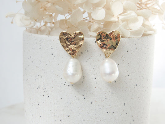 Zoe Gold Heart Freshwater Pearl Earrings