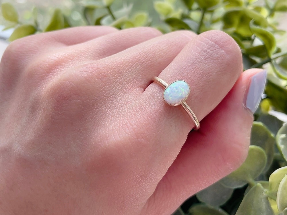 14K Gold Filled Oval White Opal Ring