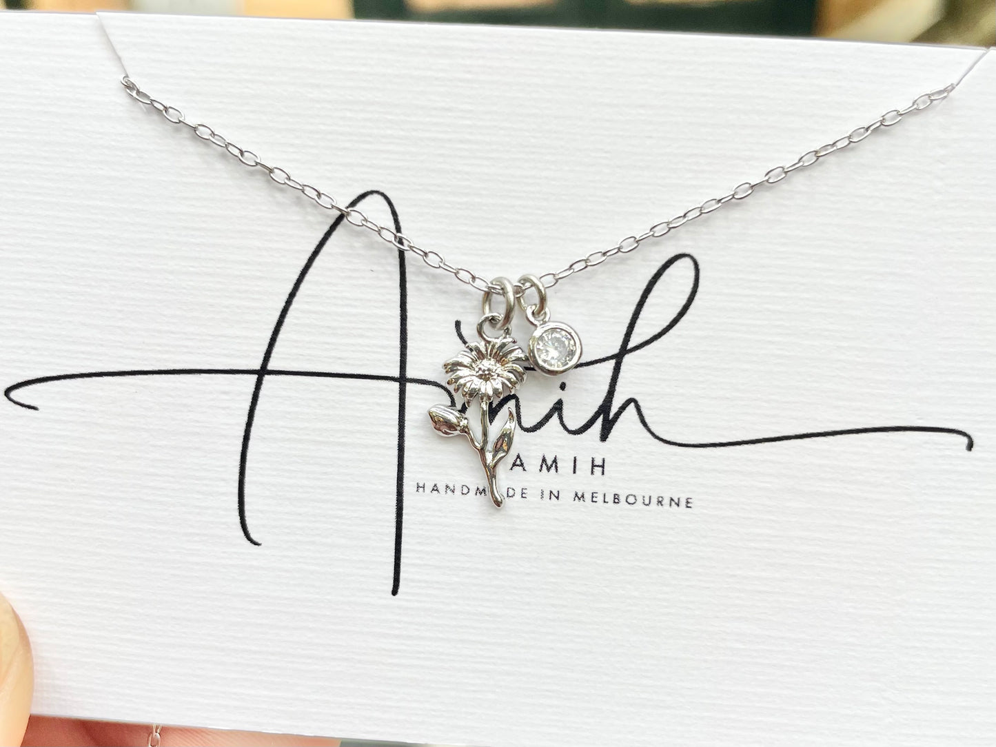 Birth Flower Shape Charm & Birthstone Necklace (Silver)