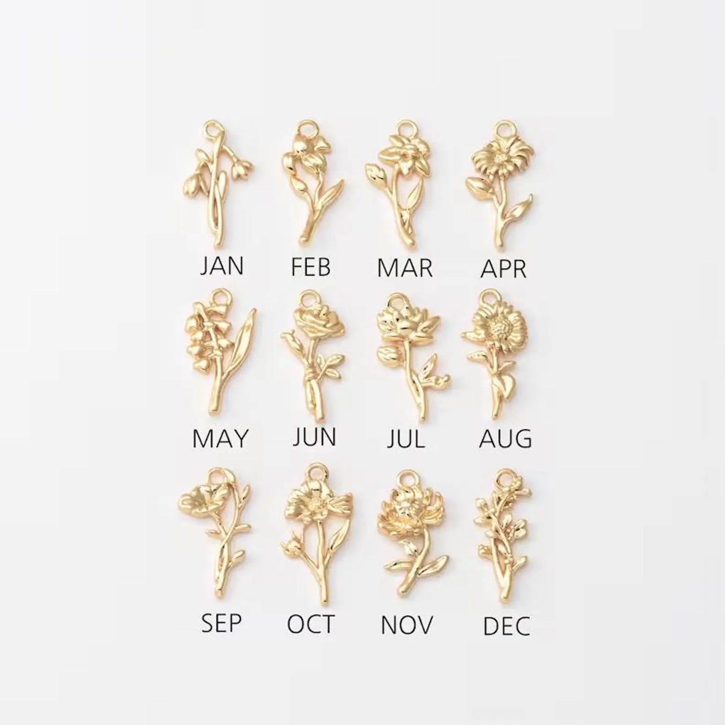 Birth Flower Shape Charm & Birthstone Necklace (Gold)