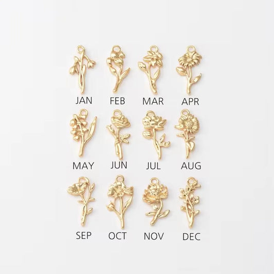 Birth Flower Shape Charm & Birthstone Necklace (Gold)