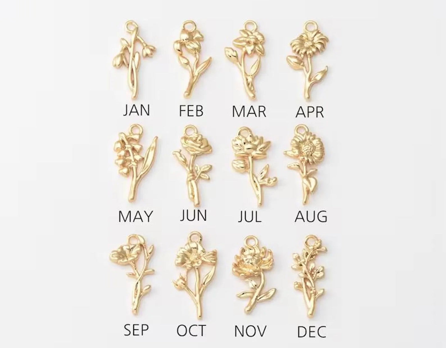 Birth Flower Shape Charm & Birthstone Necklace (Gold)