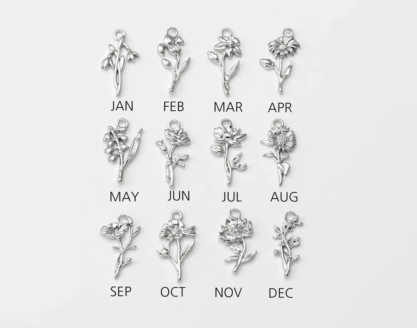 Birth Flower Shape Charm & Birthstone Necklace (Silver)