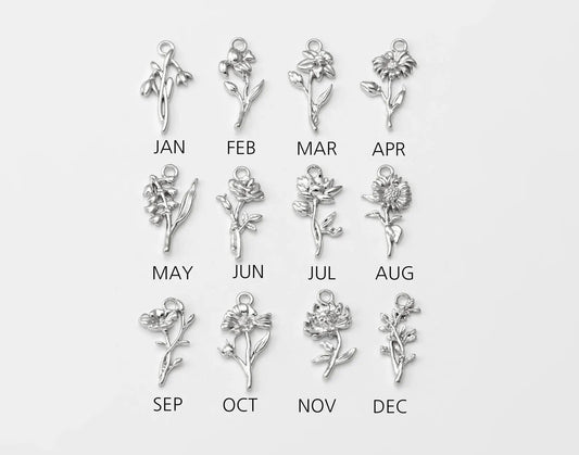 Birth Flower Shape Charm & Birthstone Necklace (Silver)