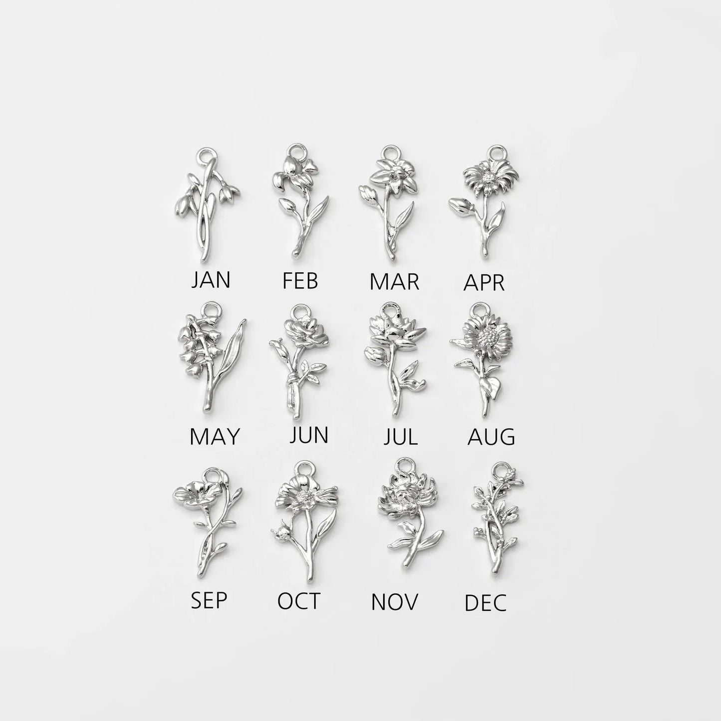 Birth Flower Shape Charm & Birthstone Necklace (Silver)