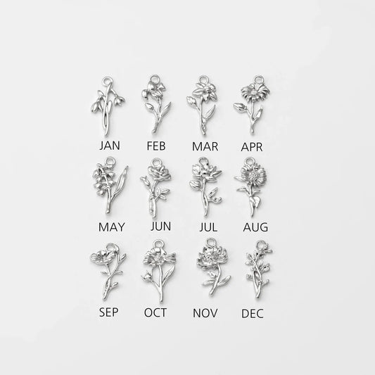 Birth Flower Shape Charm & Birthstone Necklace (Silver)